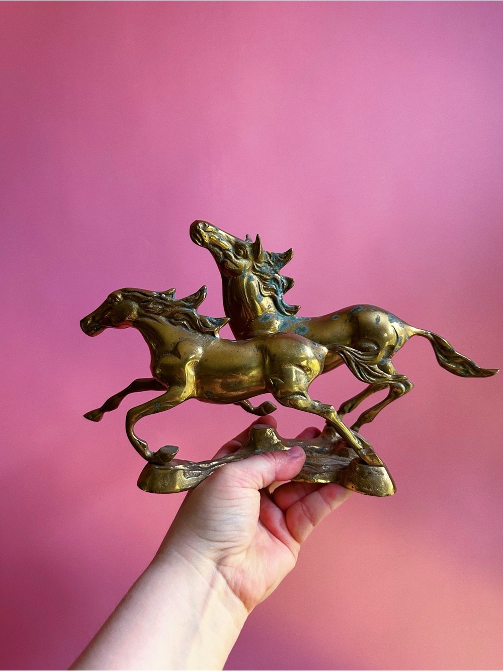 Vintage Running Pair of Solid Brass Horses Sculpture